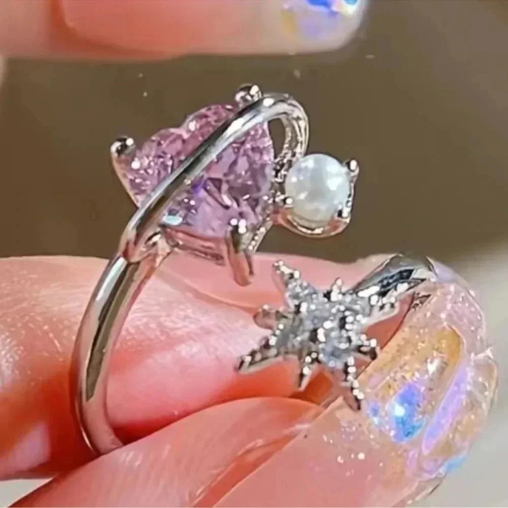 Silver Pink heart Star Burst Cuff Ring
